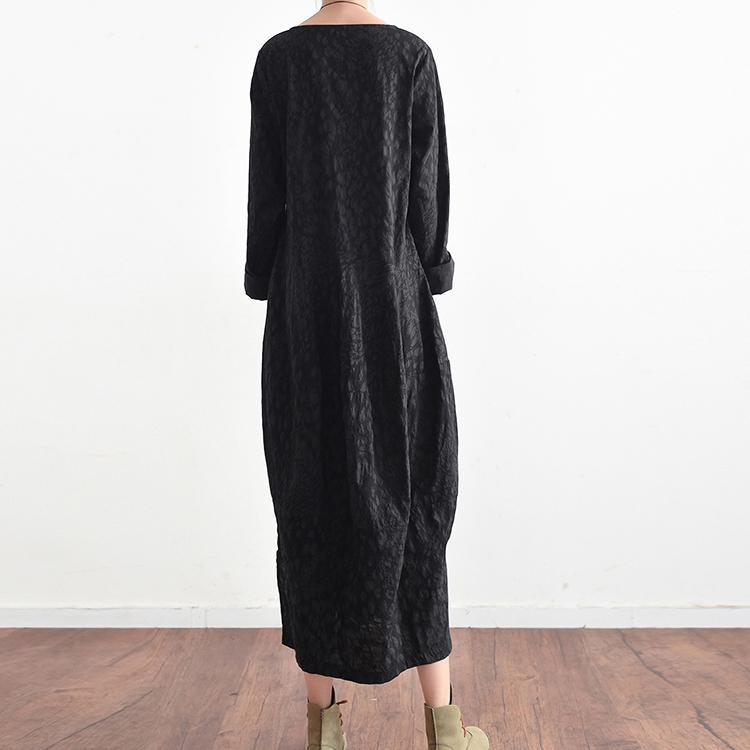 original black print maxi dress plus size vintage cotton dress long sleeve sundress - Omychic