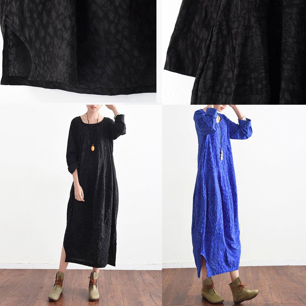 original black print maxi dress plus size vintage cotton dress long sleeve sundress - Omychic