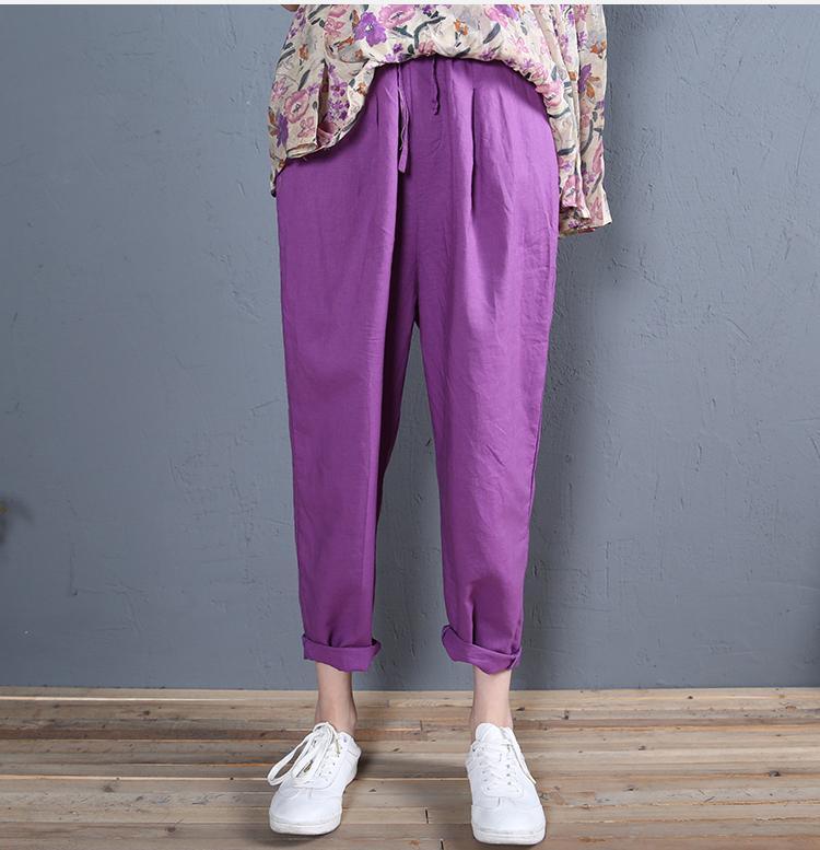 purple linen casual trousers loose women straight pants - Omychic