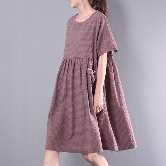 purple casual patchwork linen dress plus size plaid sundress short sleeve women dress - Omychic