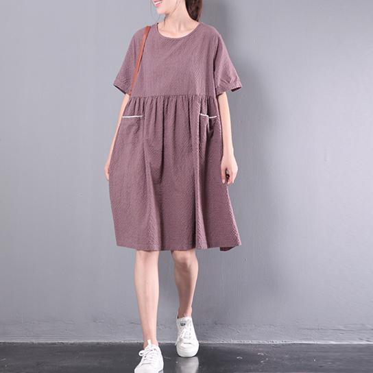 purple casual patchwork linen dress plus size plaid sundress short sleeve women dress - Omychic