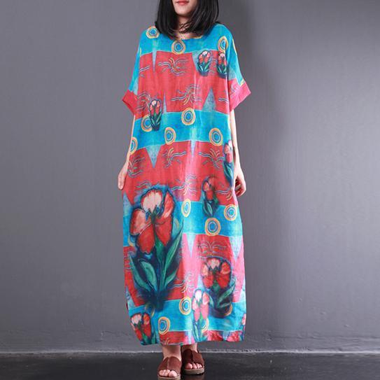 red blue print unique linen dresses plus size patchwork sundress short sleeve maxi dress - Omychic