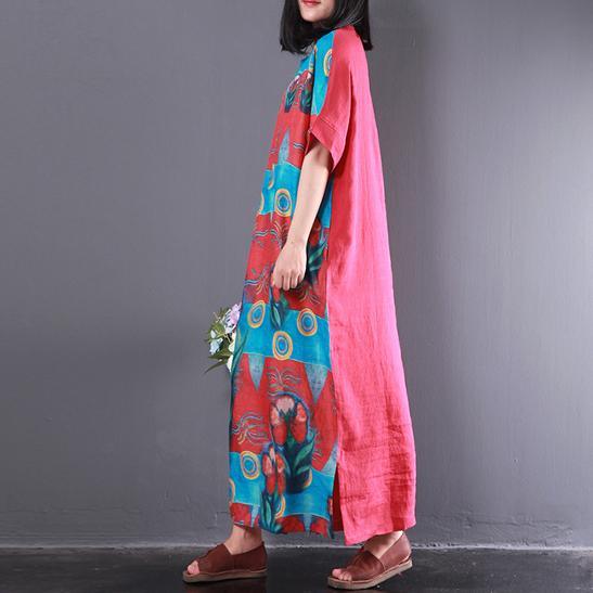 red blue print unique linen dresses plus size patchwork sundress short sleeve maxi dress - Omychic