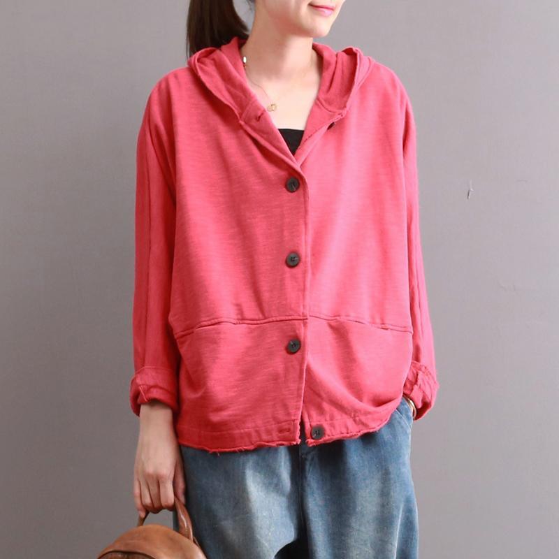 red casual solid cotton cardigans plus size long sleeve short outwear - Omychic