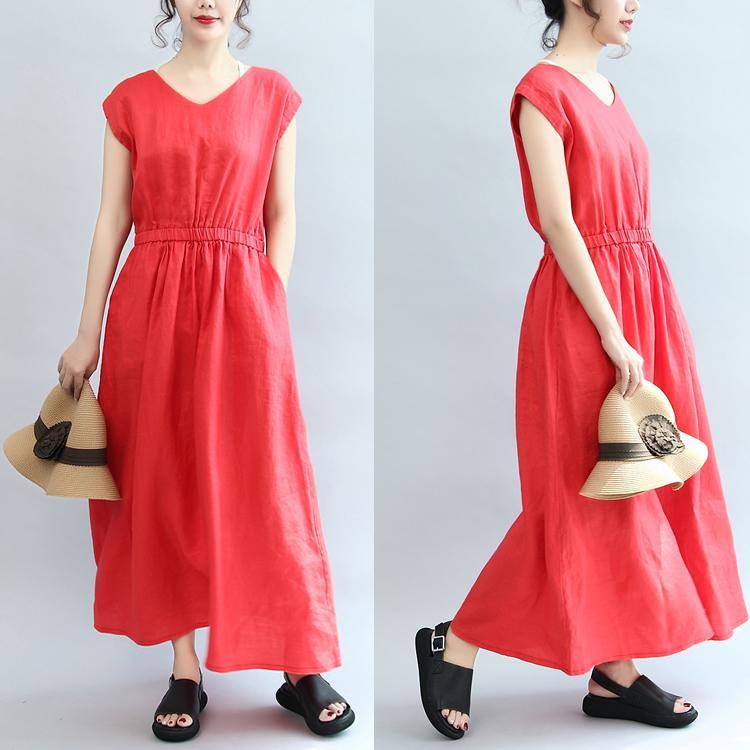 Red Elastic Waist Linen Dresses Loose Casual Sundress Short Sleeve Maxi Dress - Omychic