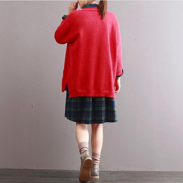 red solid cotton mid knit tops plus size casual long sleeve sweater blouse cozy autumn outfit - Omychic