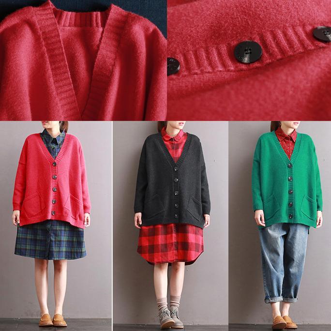red solid cotton mid knit tops plus size casual long sleeve sweater blouse cozy autumn outfit - Omychic