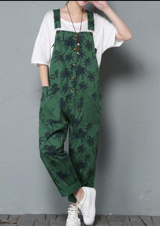 Women's Loose Casual Green Print Jumpsuit