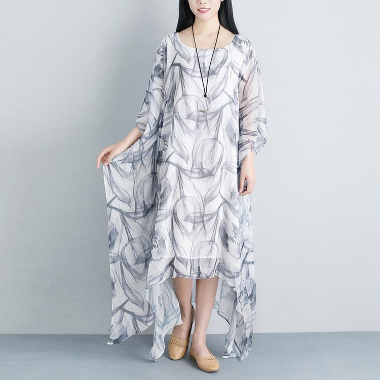 stylish long silk cotton dress oversized Summer Loose Casual Fake Two piece Half Sleeve Gray Long Dress - Omychic