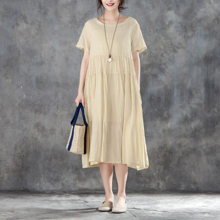 stylish cotton gown plus size clothing Casual Summer Round Neck Short Sleeve Yellow Dress - Omychic