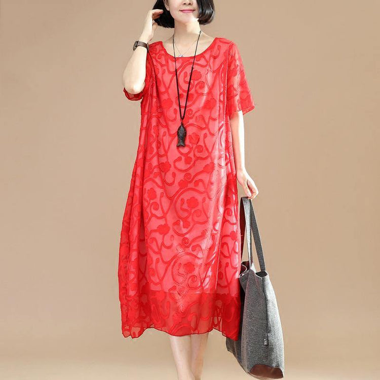 stylish red natural cotton dress  plus size clothing traveling dress top quality jacquard o neck cotton dresses - Omychic