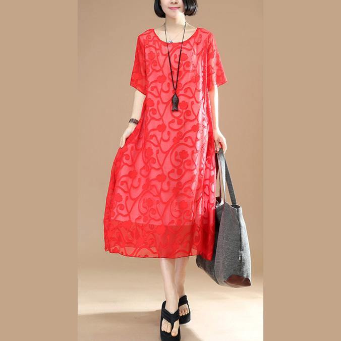 stylish red natural cotton dress  plus size clothing traveling dress top quality jacquard o neck cotton dresses - Omychic