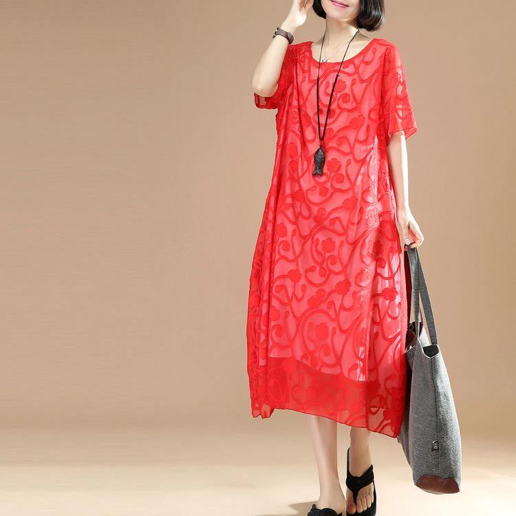 stylish red natural cotton dress  plus size clothing traveling dress top quality jacquard o neck cotton dresses - Omychic