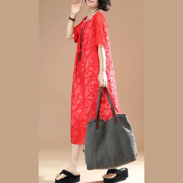 stylish red natural cotton dress  plus size clothing traveling dress top quality jacquard o neck cotton dresses - Omychic