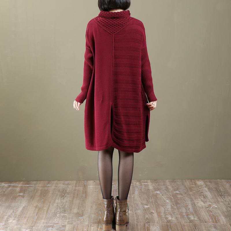 stylish red turtle neck long sweaters casual sweater vintage patchwork pullover - Omychic