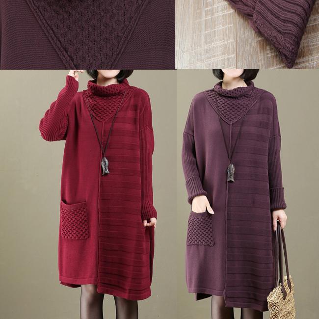 stylish red turtle neck long sweaters casual sweater vintage patchwork pullover - Omychic