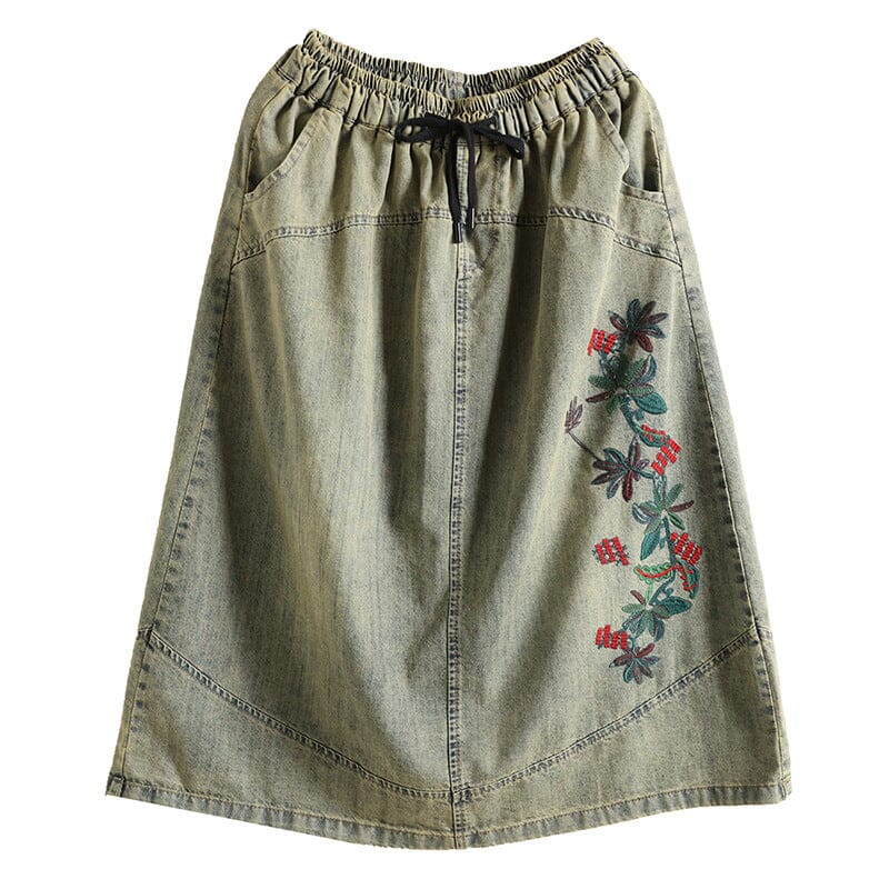 Green Summer Retro Embroidery Cotton Denim Skirt