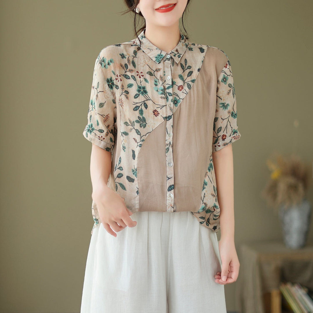 Summer Retro Floral Patchwork Casual Linen Blouse