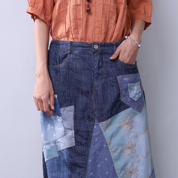 Casual Summer Women Denim Applique Blue Skirt