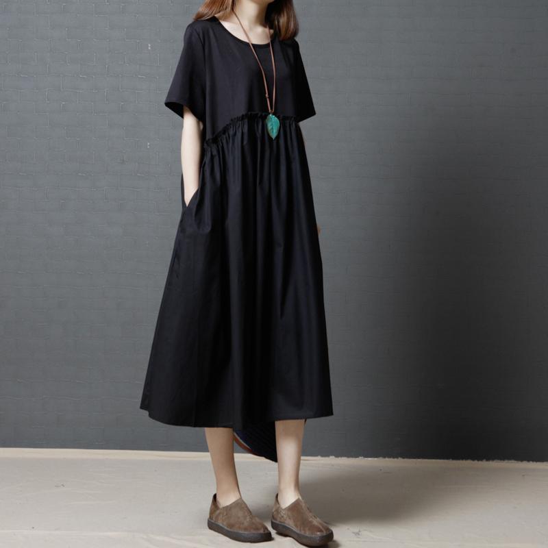 summer black patchwork cotton dresses plus size sundress high waist maxi dress - Omychic
