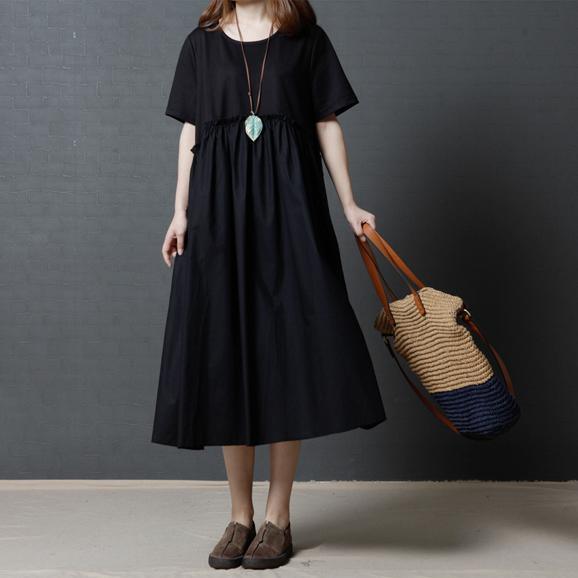 summer black patchwork cotton dresses plus size sundress high waist maxi dress - Omychic