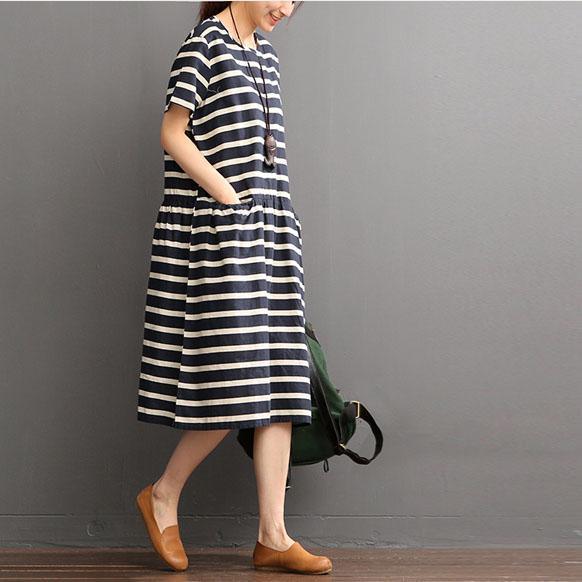 summer linen dresses plus size pockets sundress striped short sleeve maxi dress - Omychic