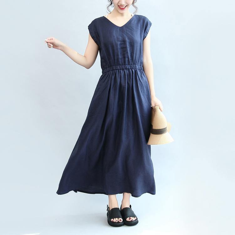 summer navy casual linen sundress plus size women dresses slim v neck maxi dress - Omychic