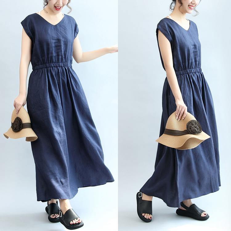 summer navy casual linen sundress plus size women dresses slim v neck maxi dress - Omychic