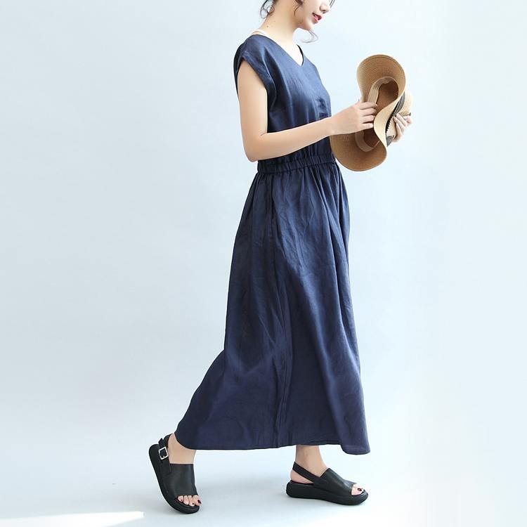 summer navy casual linen sundress plus size women dresses slim v neck maxi dress - Omychic