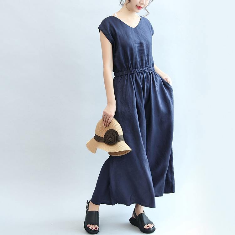 summer navy casual linen sundress plus size women dresses slim v neck maxi dress - Omychic