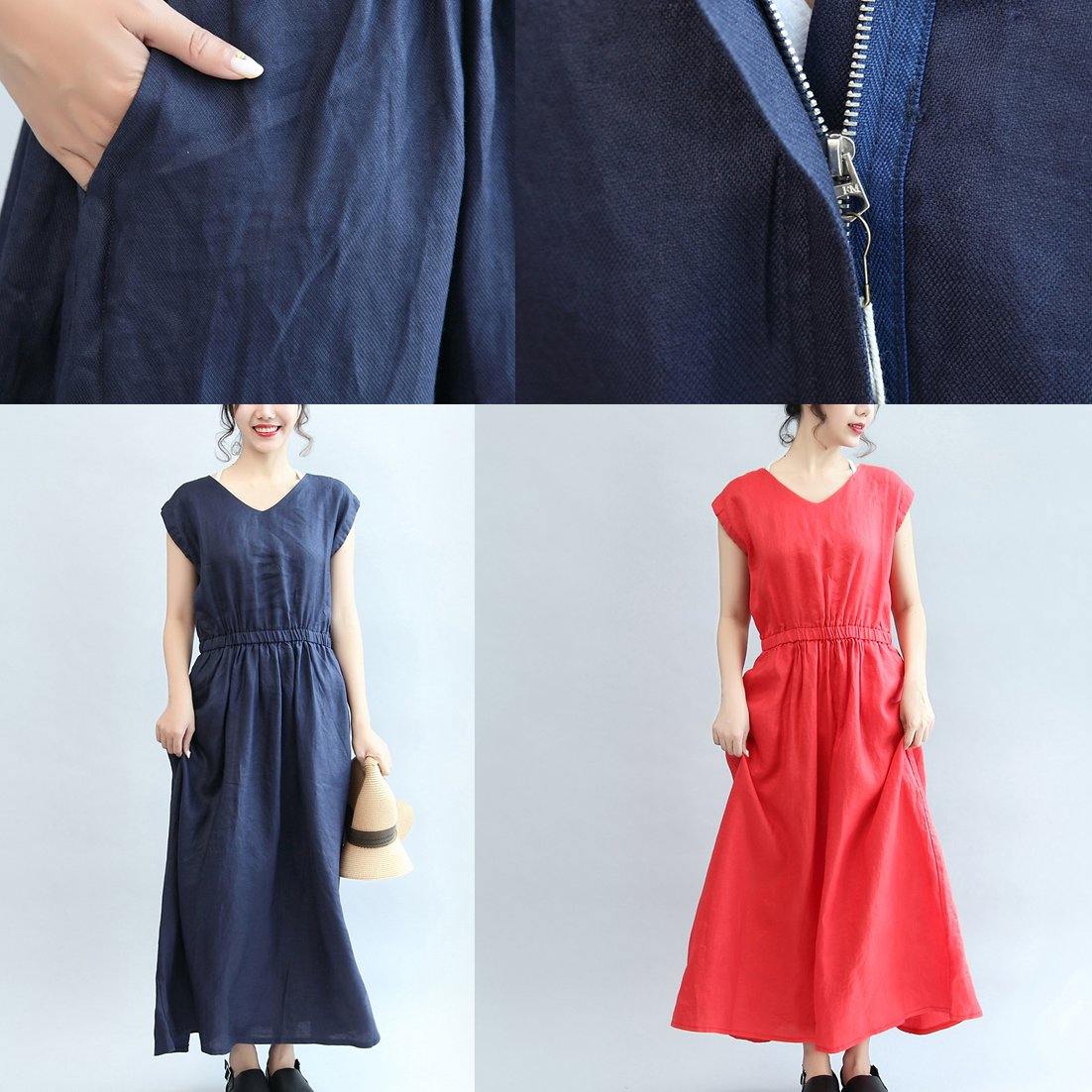 summer navy casual linen sundress plus size women dresses slim v neck maxi dress - Omychic