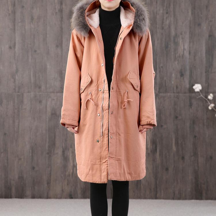 thick light orange women parka plus size outwear faux fur collar pockets - Omychic