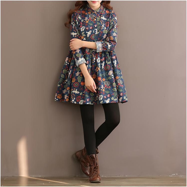 top quality Blue floral cotton dress blouse shirt dresses natural fabric - Omychic
