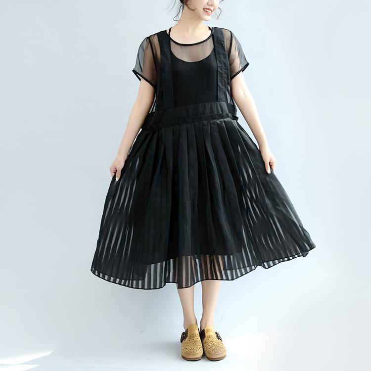 vintage black maxi dresses o neck exra large hem short sleeve summer dress tulle summer dress - Omychic