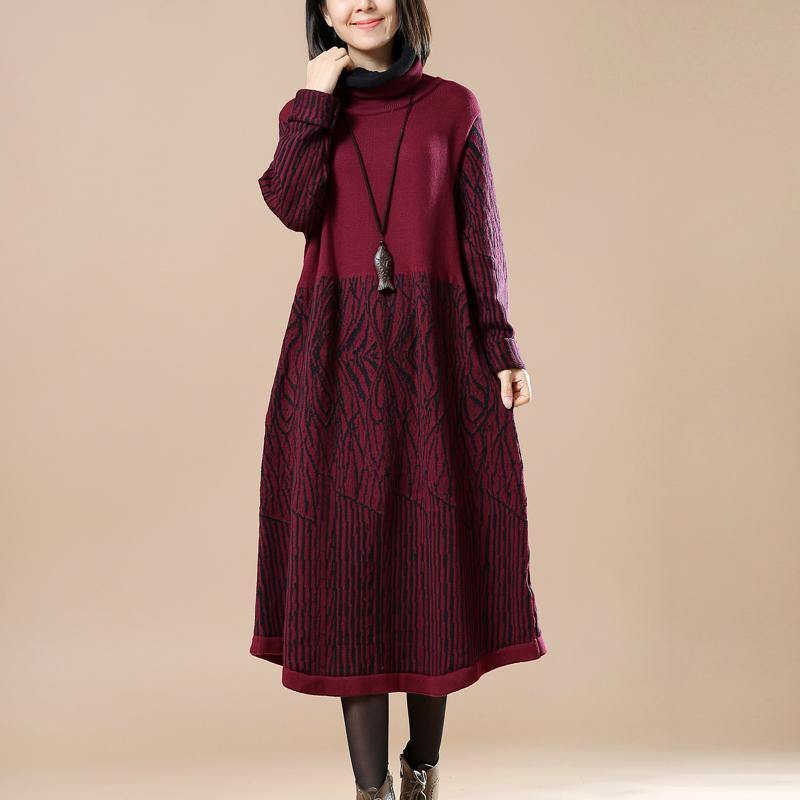 vintage burgundy knit dresses oversized pullover boutique long maxi dress sweaters floral - Omychic