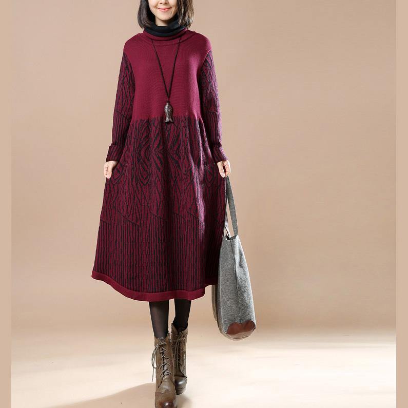 vintage burgundy knit dresses oversized pullover boutique long maxi dress sweaters floral - Omychic