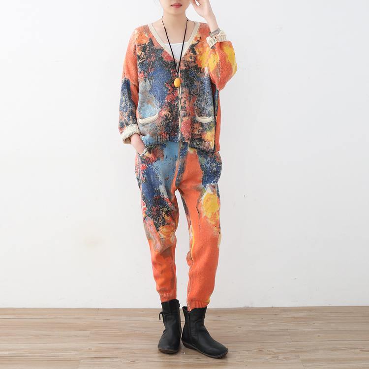 vintage orange prints sweater cardigans and elastic waist knit pants two pieces - Omychic