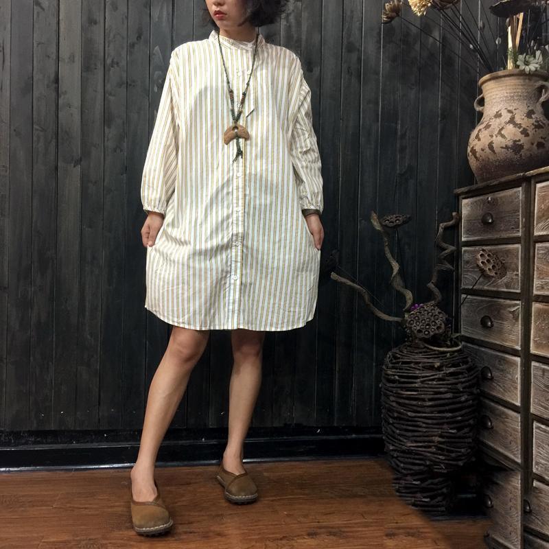 vintage striped linen shirt dresses plus size casual dress - Omychic