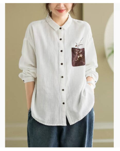 Women Linen Retro Embroidery Loose Blouse