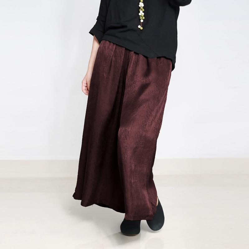 women new elastic waist long burgundy wide leg pants - Omychic