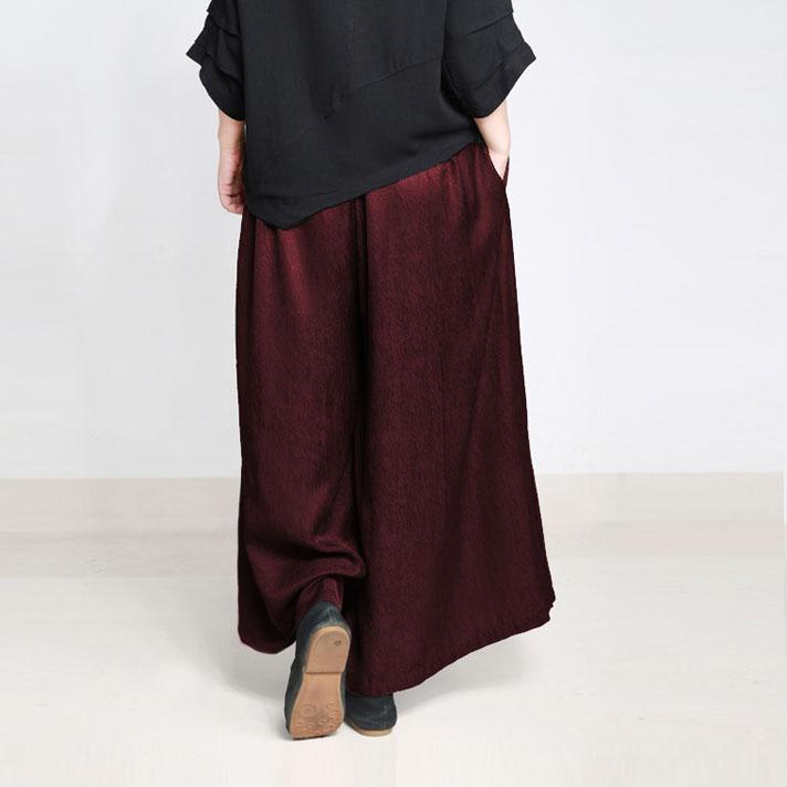 women new elastic waist long burgundy wide leg pants - Omychic