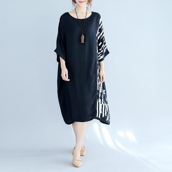 women black pure cotton dresses Loose fitting holiday dresses vintage half sleeve prints clothing dresses - Omychic