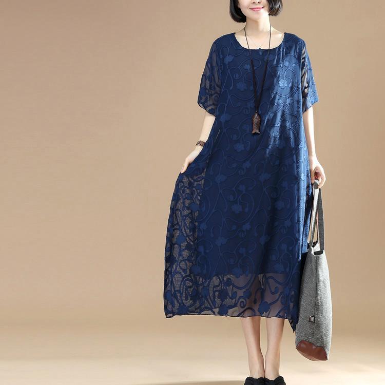 women navy Midi cotton dresses plus size clothing cotton cotton dress vintage jacquard o neck cotton cotton dress - Omychic