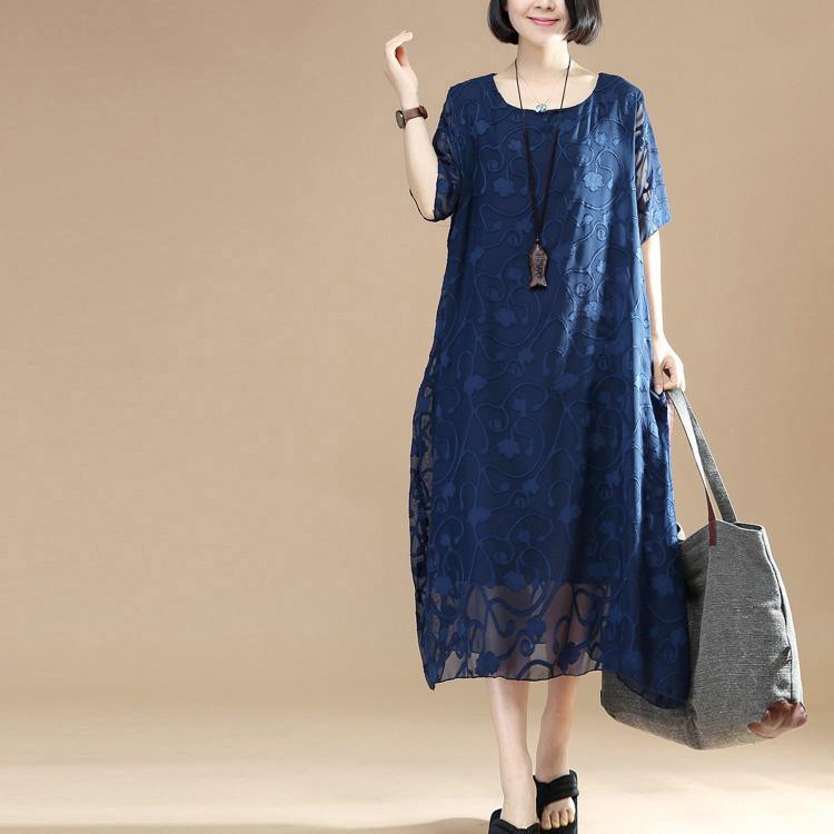 women navy Midi cotton dresses plus size clothing cotton cotton dress vintage jacquard o neck cotton cotton dress - Omychic