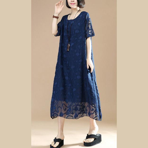 women navy Midi cotton dresses plus size clothing cotton cotton dress vintage jacquard o neck cotton cotton dress - Omychic