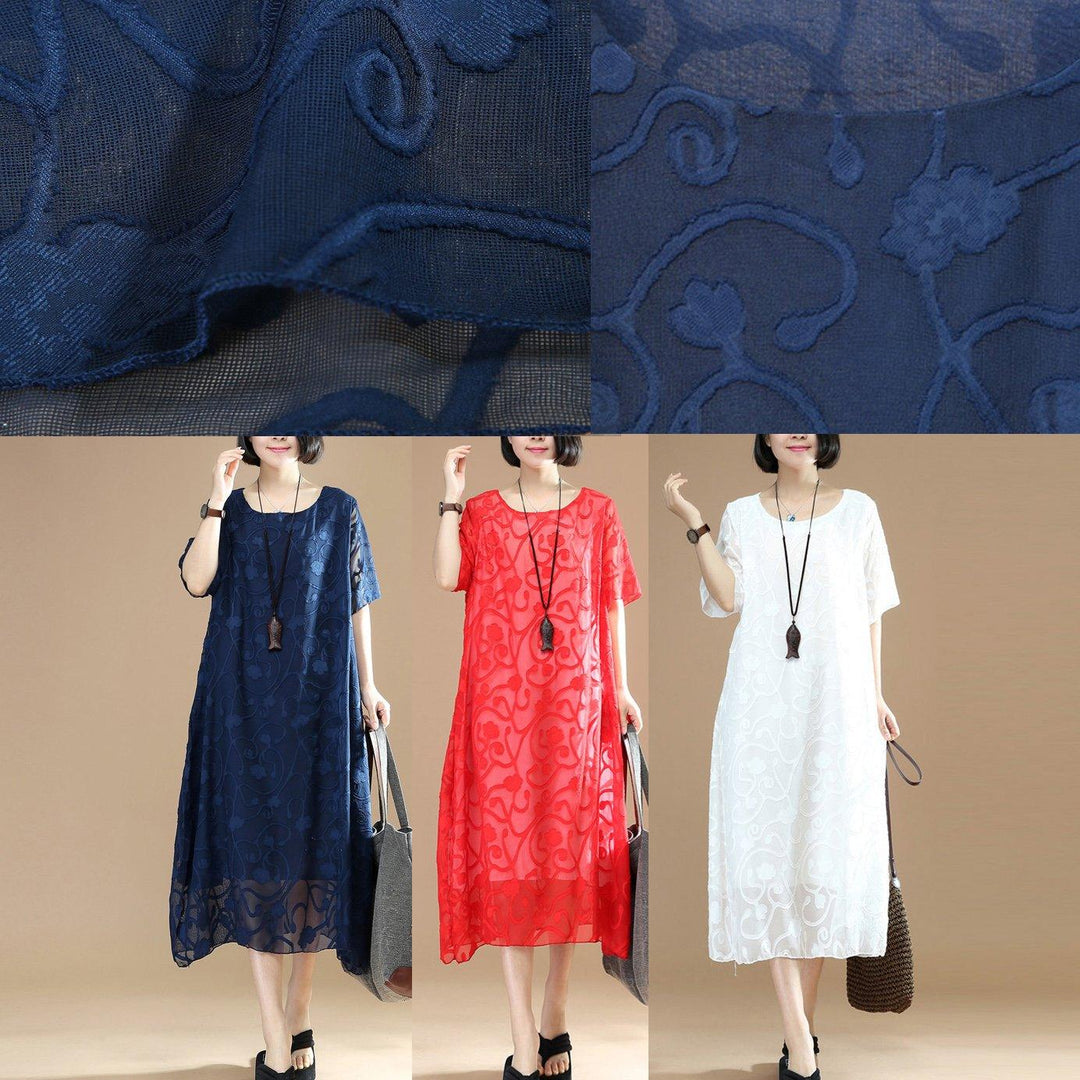 women navy Midi cotton dresses plus size clothing cotton cotton dress vintage jacquard o neck cotton cotton dress - Omychic