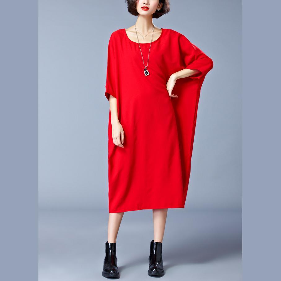 women red cotton shift dress oversized traveling dress vintage o neck half sleeve cotton dress - Omychic