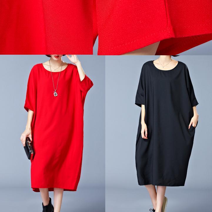 women red cotton shift dress oversized traveling dress vintage o neck half sleeve cotton dress - Omychic