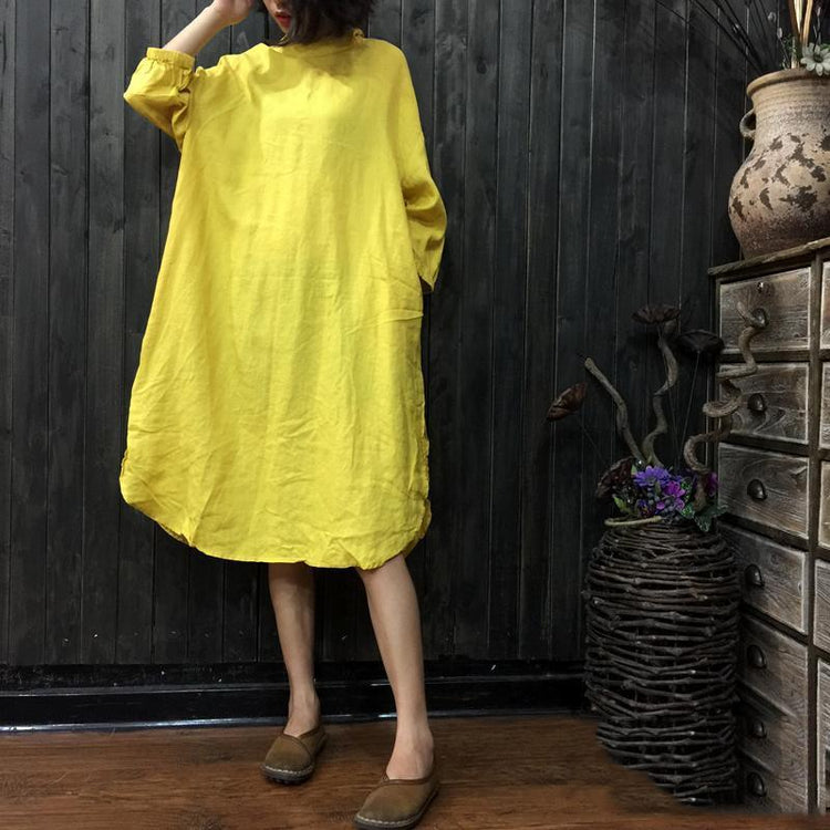 women yellow linen dresses trendy plus size traveling clothing boutique long sleeve stand collar cotton dress - Omychic
