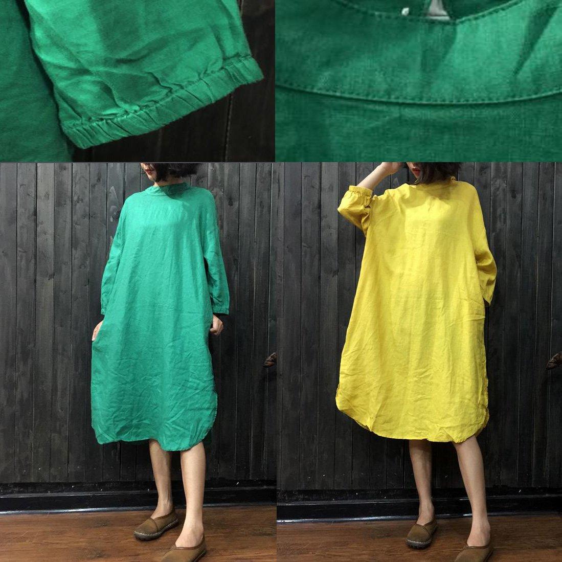 women yellow linen dresses trendy plus size traveling clothing boutique long sleeve stand collar cotton dress - Omychic